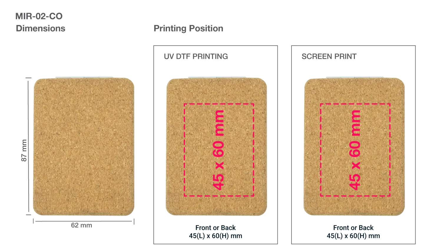 Rectangle Pocket Mirror Double-Sided Foldable Cork Finish Cover Printing Area Details