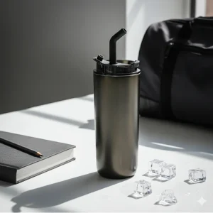 Double Wall SS Tumblers with Transparent Lid and Metal Straw - 500ml - Image 4